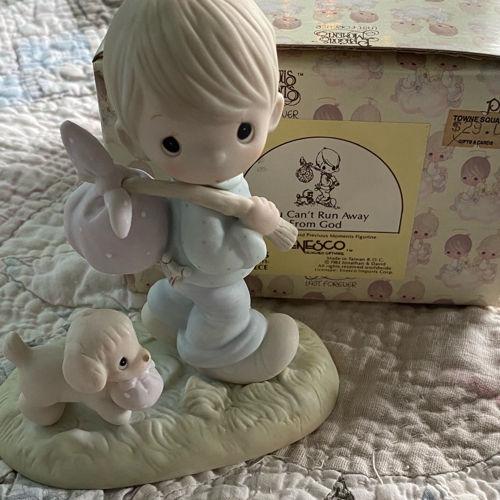 Enesco Precious Moments Figurine - Little boy with puppy. 1983